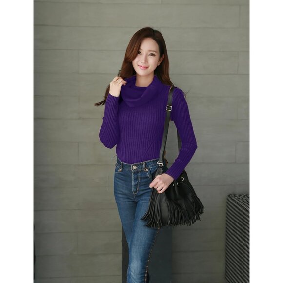 Women’s Cowl Neck Light Purple Stretchable Knit Long Sleeve Bodycon Sexy Sweater - Picture 2 of 5